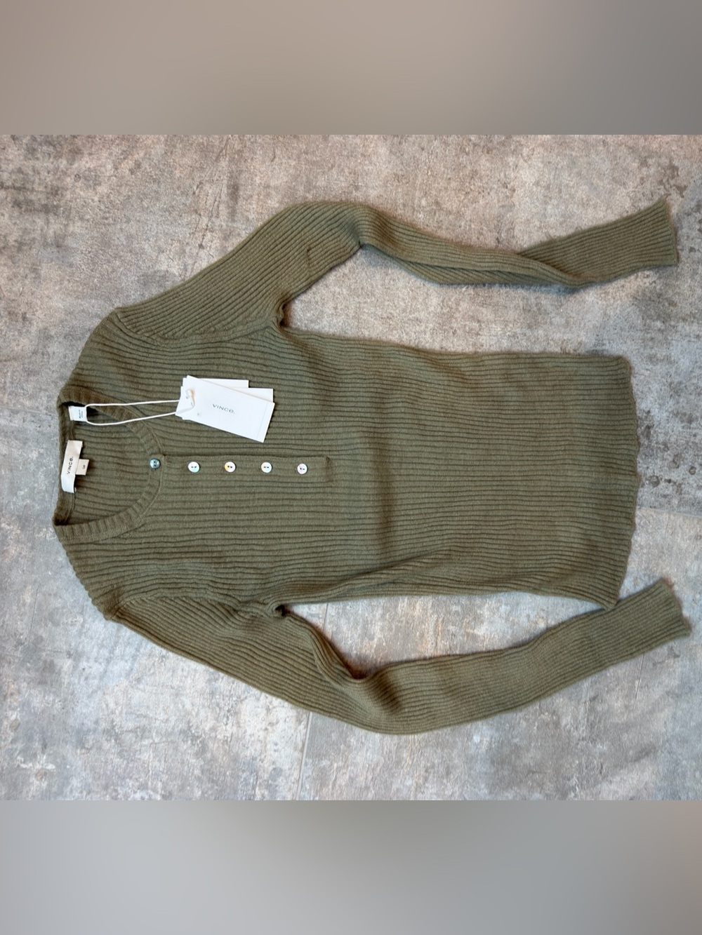 Vince Olive Green Ribbed V-Neck Button Sweater